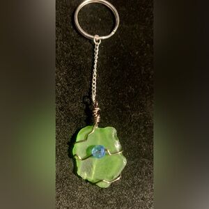 Green Seaglass Key Chain Wrapped in wire with blue bead Cape Breton